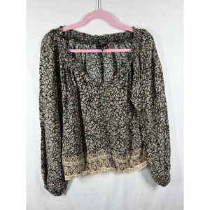 Lucky Brand Boho Floral Peasant Blouse Black Tan Smocked Neck Long Sleeve Medium